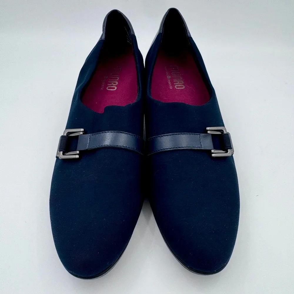 Mindy Navy 10N‎ Blue Stretch Fabric Leather Wedge Loafers Buckle Shoes